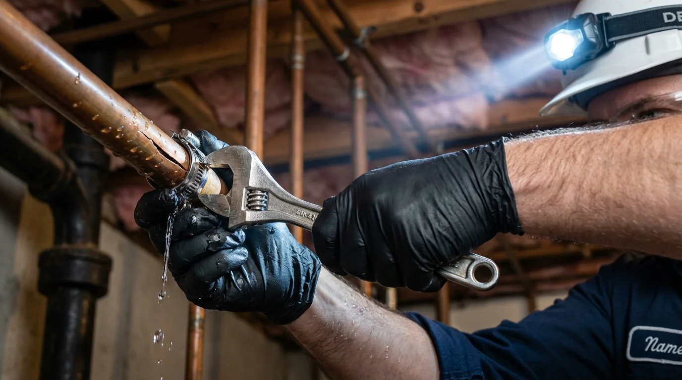 Emergency pipe clamp repair being performed by a Johns Plumbing LLC plumber in Ridgely