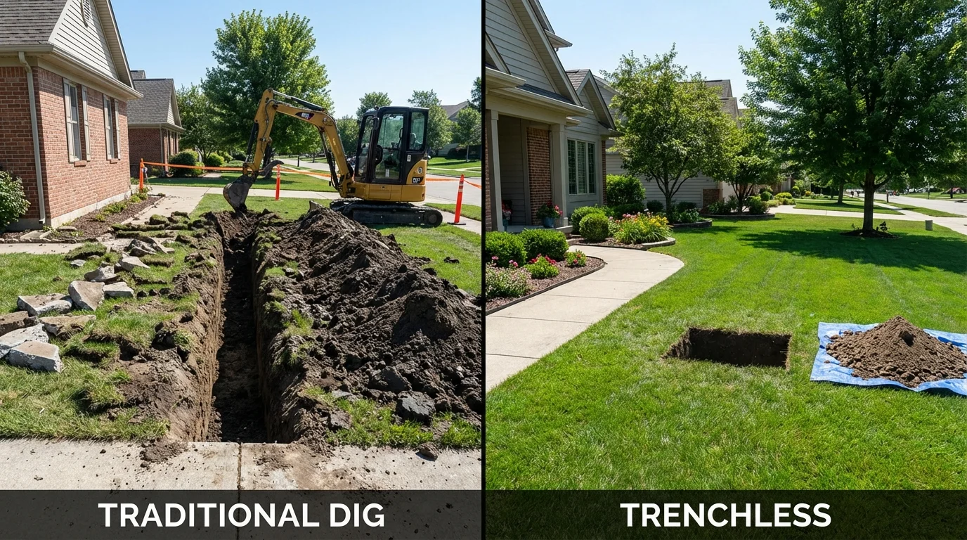 Trenchless sewer repair with minimal yard damage versus traditional excavation in Ridgely, TN