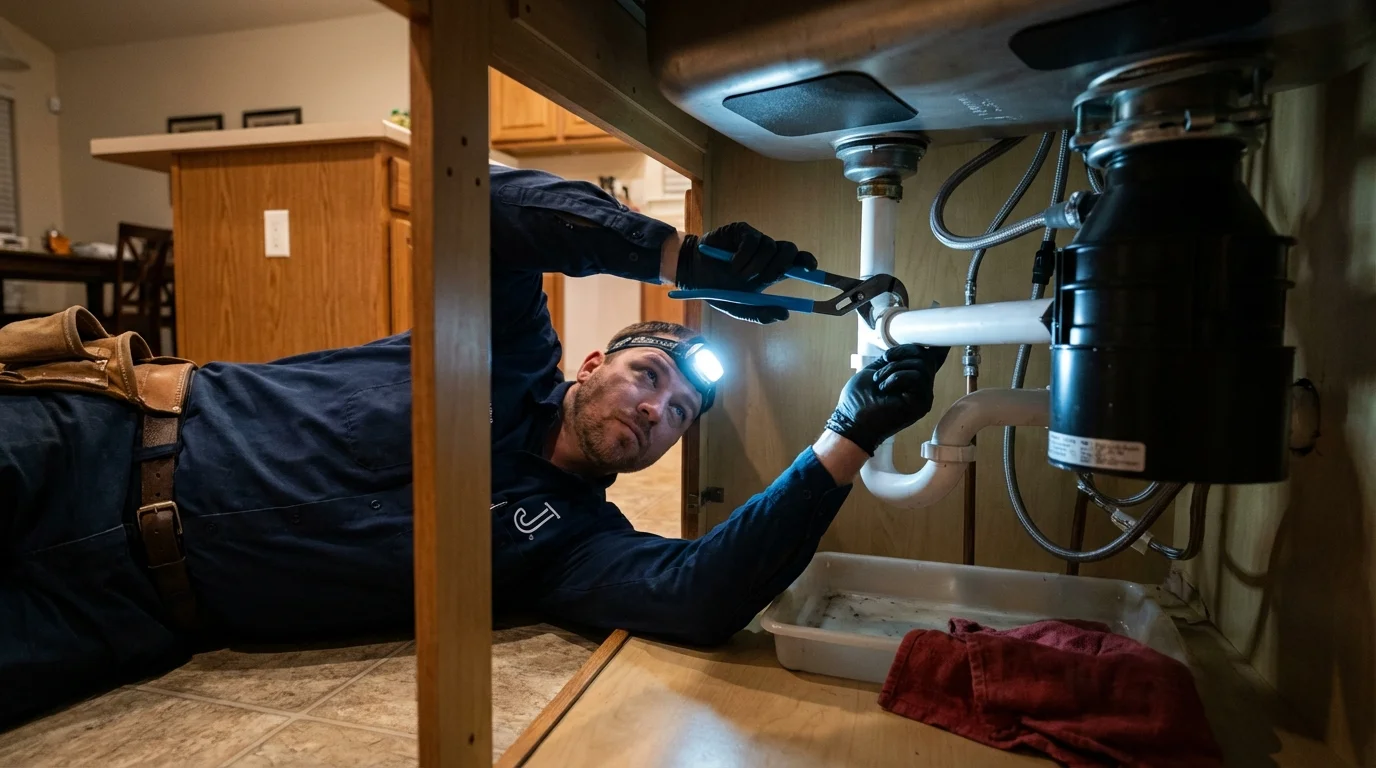 P-trap and supply line connections under a kitchen sink showing a common leak point in Ridgely, TN